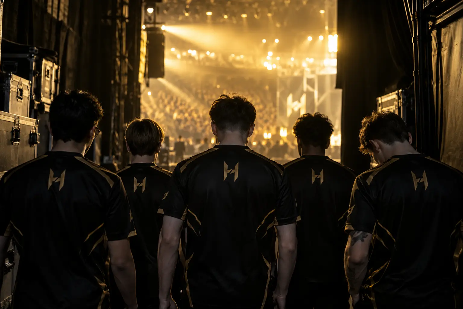 Five Horizon players standing together backstage before entering a golden esports arena